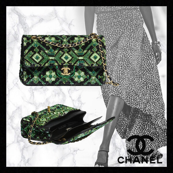 ★シャネル★ クラシック ハンドバッグ スパンコール グリーン A01112 B04832 NB248